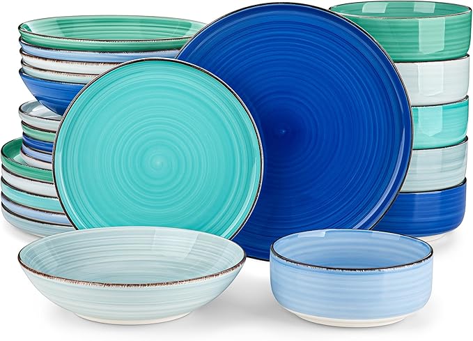 vancasso Bonita Dinnerware Sets 24 Pieces, Blue Stoneware Dishes Set for 6, Dinner Platers with Bowls Set, Dishwasher and Microwave Safe