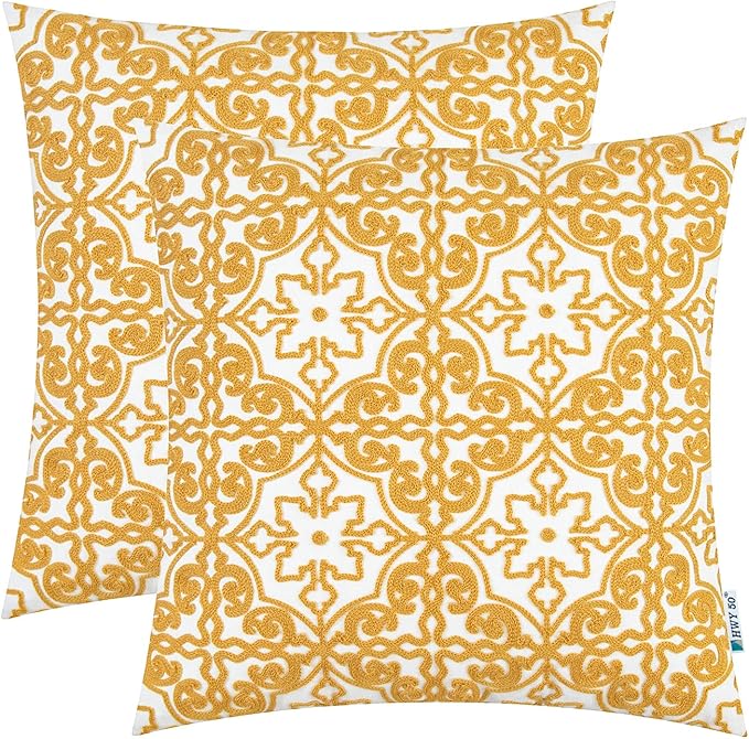HWY 50 Mustard Yellow Decorative Throw Pillow Covers 18x18 Inch, Pack of 2 Embroidered Cotton Farmhouse Cushion Cover Pillow Case for Sofa Couch Living Room Bed Bedroon, Modern Pattern