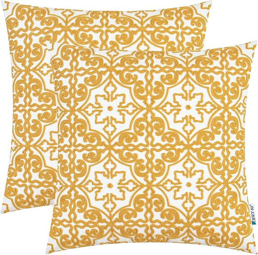 HWY 50 Mustard Yellow Decorative Throw Pillow Covers 18x18 Inch, Pack of 2 Embroidered Cotton Farmhouse Cushion Cover Pillow Case for Sofa Couch Living Room Bed Bedroon, Modern Pattern
