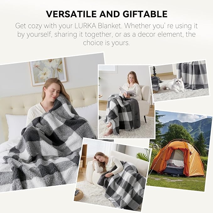 LURKA Checkered Sherpa Fleece Queen-Size Bed Blanket - Extra Thick and Warm Winter Soft Fuzzy Plush Blanket for Couches, Beds & Pets, Smoke Grey, 90x90 Inches