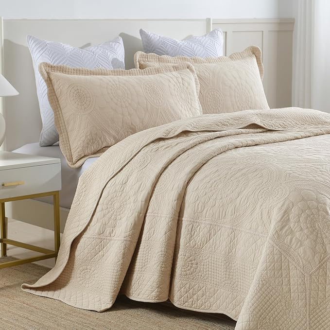 MarCielo 3-Piece 100% Cotton Oversized Bedspread Lightweight Quilt Coverlet Embroidery Farmhouse Bedding (Tf Khaki Beige, Oversized King (118"x106"))