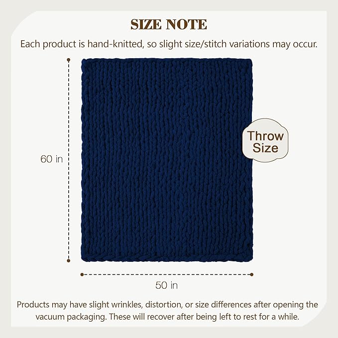 Carriediosa Chunky Knit Throw Blanket 50" X 60", 100% Hand Made Large Chenille Loop Yarn Soft Fluffy Throws for Couch Sofa Bed, Big Crochet Cozy Heavy Thick Cable Woven Blankets, Navy Blue