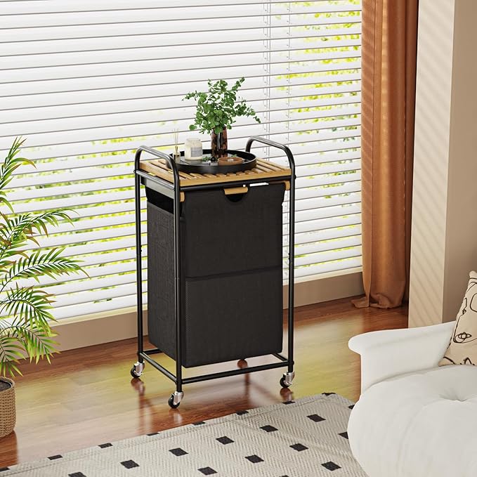 Laundry Hampers 1 Section, Laundry Sorter with Removable Shelf and Pull-Out Bags, Clothes Hampers with Wheels Rolling Cart Basket for Laundry Room Bathroom, 50 L (Black)