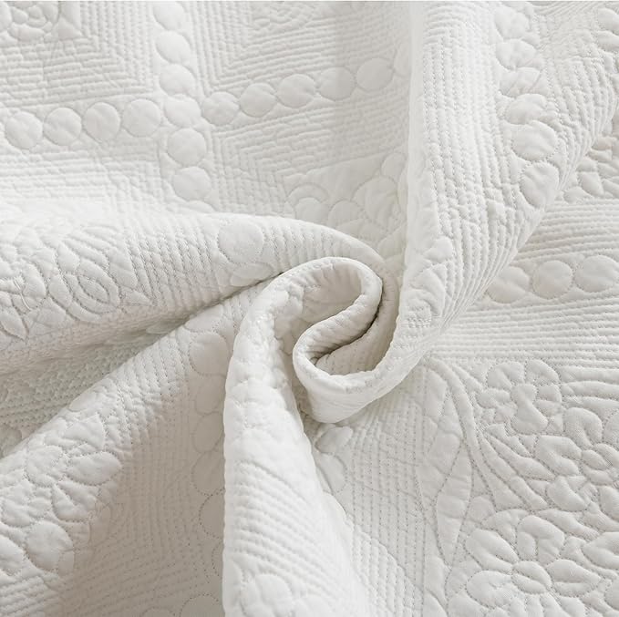 MarCielo 3-Piece 100% Cotton Oversized Bedspread Lightweight Quilt Coverlet Embroidery Farmhouse Bedding Set (TK White, Oversized Queen (100"x106"))