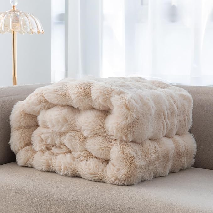 RYNGHIPY Faux Fur Blanket Fluffy Warm Throw Blanket for Sofa Couch Decorative Bed Blanket for Bedroom Living Room Bubble Blanket (Camel, 63''x79'')