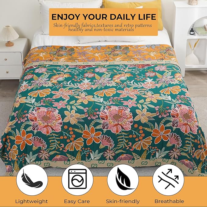 Fall Throw Blankets Reversible Luxurious Cotton Bed Throws with Vintage Bohemian Design & Yellow/Green Lightwight Floral Decor Blanket, Perfect as Bed Sofa Quilt 90" x 98"