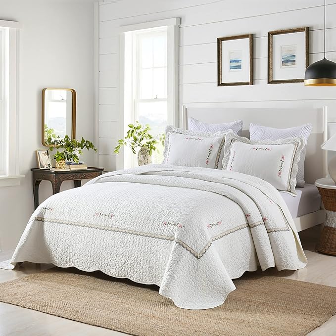 MarCielo 3-Piece 100% Cotton Oversized Bedspread Lightweight Quilt Coverlet Embroidery Farmhouse Bedding Set (Sakura White, Oversized Queen (100"x106"))