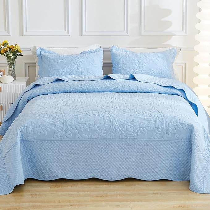MarCielo 3-Piece 100% Cotton Oversized Bedspread Lightweight Quilt Coverlet Embroidery Farmhouse Bedding Set T0 (Light Blue, Oversized Queen (100"x106"))