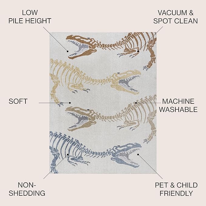 JONATHAN Y Machine-Washable Cream/Multi Indoor Area Rug, 4x6, Kingdarr T-Rex Modern, Casual, Kids & Novelty for Living Room, Dining Room, Bedroom, Kitchen Easy-Cleaning, Non-Shedding (KDW103A-4)