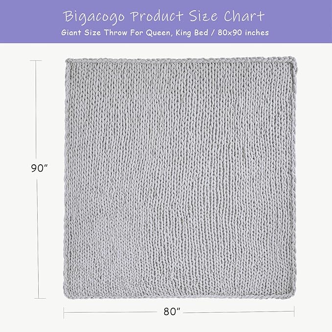 Bigacogo Chunky Knit Throw Blanket for Couch, 80x90 inches, 100% Hand Knitted with Thick Jumbo Chenille Yarn, Cozy Soft Large Rope Knot Cable Crochet Blankets for Sofa Bed Living Room, Light Grey
