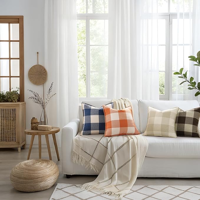 decorUhome Buffalo Plaid Check Throw Pillow Covers 12x20 Set of 2, Outdoor Lumbar Decorative Farmhouse Neutral Pillow Covers with Stitched Edge for Bed Couch Sofa, Brown and Beige