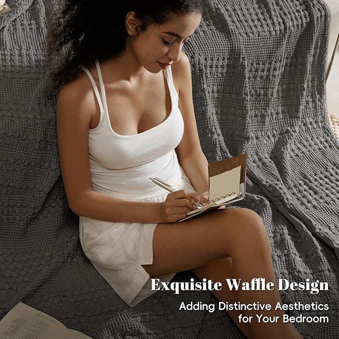 PHF 100% Cotton Waffle Weave Blanket King Size, Soft Lightweight Breathable Cozy Summer Blankets for Bed, Luxury Aesthetic Woven Bedding for Home Decor, 108"x90", Charcoal Grey