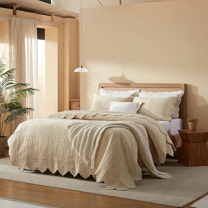 MarCielo 3-Piece 100% Cotton Oversized Bedspread Lightweight Quilt Coverlet Embroidery Farmhouse Bedding Set(TL Beige,Oversized King (118"x106"))