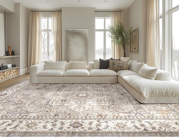 Washable Area Rugs for Living Room - 6x9 Neutral Vintage Distressed Floral Farmhouse Boho Large Soft Floor Rug Indoor Non Slip Carpet for Bedroom Dining Room Office - Grey Brown