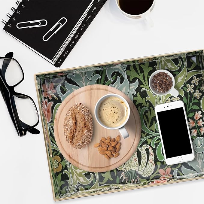 Spsyrine Serving Tray with Handles, Plastic Decorative Tray for Coffee Table, Living Room, Home Decor, Golden Lily
