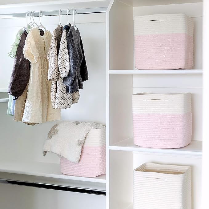 NaturalCozy 13 Inch Cube Storage Bins Cotton Rope Woven Baskets for Organizing 3-Pack | 13 x 13 Storage Cubes | Fabric Square Storage Baskets for Shelves Organizer, Kids Toy Bins, Closet Baby Nursery
