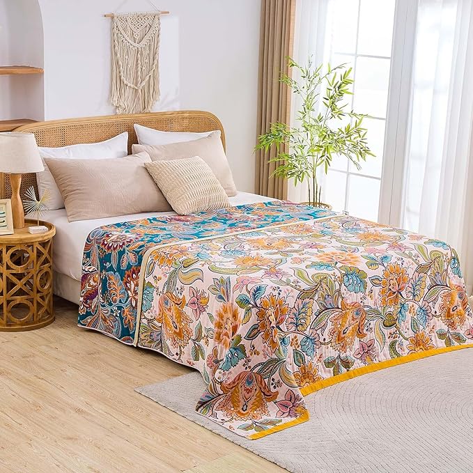 Boho Throw Blanket for Bed, 100% Cotton Soft Rustic Quilt Fall Blanket, 90"x98" Floral Printed Farmhouse Decor Bed Blankets, All Season Rustic Reversible Bohemian Throw Quilt