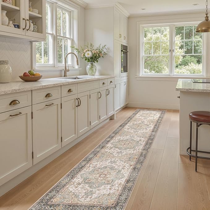 Washable 2.6x12 Runner Rug - Area Rugs Neutral Vintage Distressed Floral Farmhouse Boho Large Soft Floor Rug Indoor Carpet for Hallway Entryway Kitchen Home - Forest Green Orange