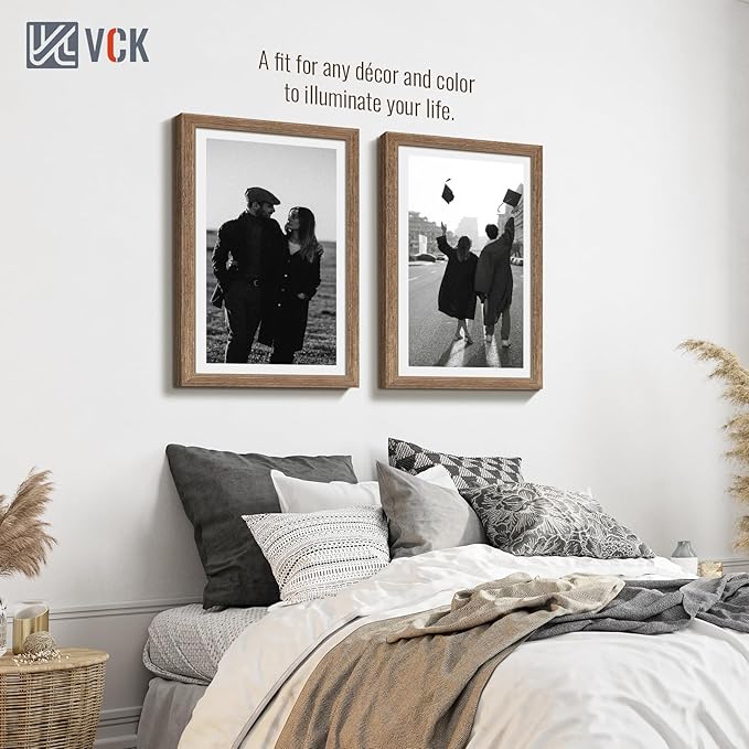 VCK 14x24 Frame Set of 3 - Brown Walnut, Natural Textured Solid Wood Picture Poster Frame, Wall Gallery Frame