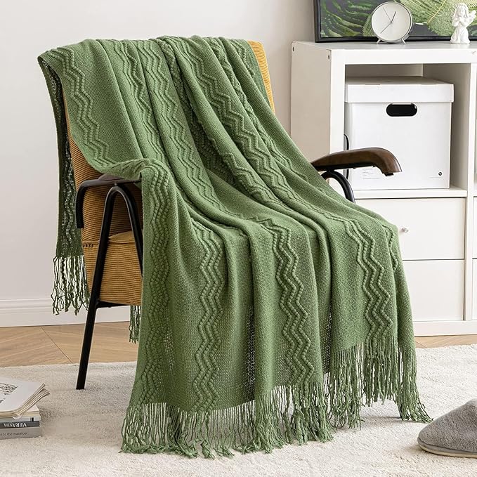 MIULEE Moss Green Knitted Throw Blanket for Couch Textured Knit Blanket with Tassels Cozy Woven Bed Blanket for Sofa Bed Chair Wave Pattern Spring Home Decor for All Seasons 50"x60"