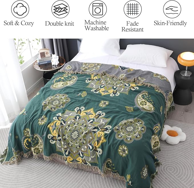 Snycler Boho Throw Blanket for Bed - 100% Cotton Ultra Soft Rustic Quilt - Green Boho Floral Printed Farmhouse Decor Bed Blankets, 60"×80" All Season Rustic Throw for Sofa Couch Chair