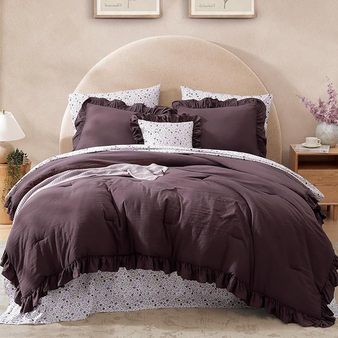 Queen Comforter Set - 7 Pieces Ruffle Purple Bedding Sets, Shabby Chic Farmhouse Bed in a Bag Queen with Ruffle Comforter, Floral Sheets, Pillowcases & Shams