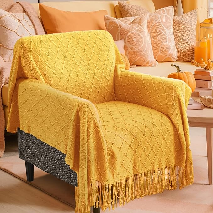 inhand Knitted Fall Throw Blanket for Couch and Bed, Knit Fall Decor Halloween Blanket with Tassel, Mustard Yellow Lightweight Decorative Farmhouse Warm Woven Blankets and Throws for Women, 60"x80"