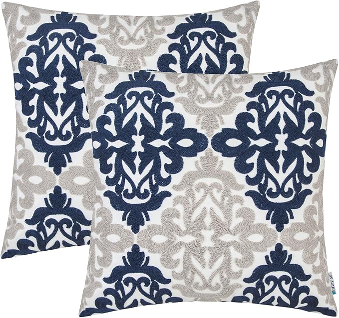 HWY 50 Navy Blue Decorative Throw Pillow Covers 18x18 Inch, Pack of 2 Embroidered Cotton Farmhouse Cushion Cover Pillow Case for Sofa Couch Living Room Bed Bedroon, Accent Geometric