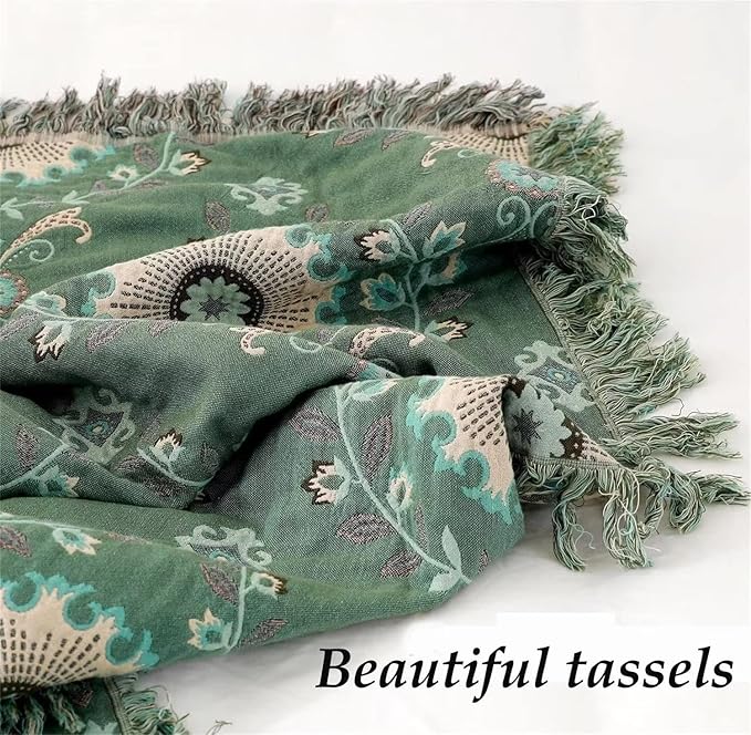 MSGKV Boho Throw Blanket for Couch Bed 100% Cotton Blankets Woven Green Blanket,Versatile Double Sided, Super Soft Warm Blanket 60''x 80''