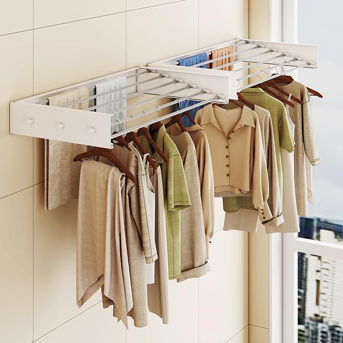 Upgrade Drying Rack Clothing,Clothes Drying Rack Wall Mounted,Laundry Drying Rack Wall Mount,Foldable,Collapsible,Retractable,6 Aluminium Poles,with Hooks,(White 35.5"