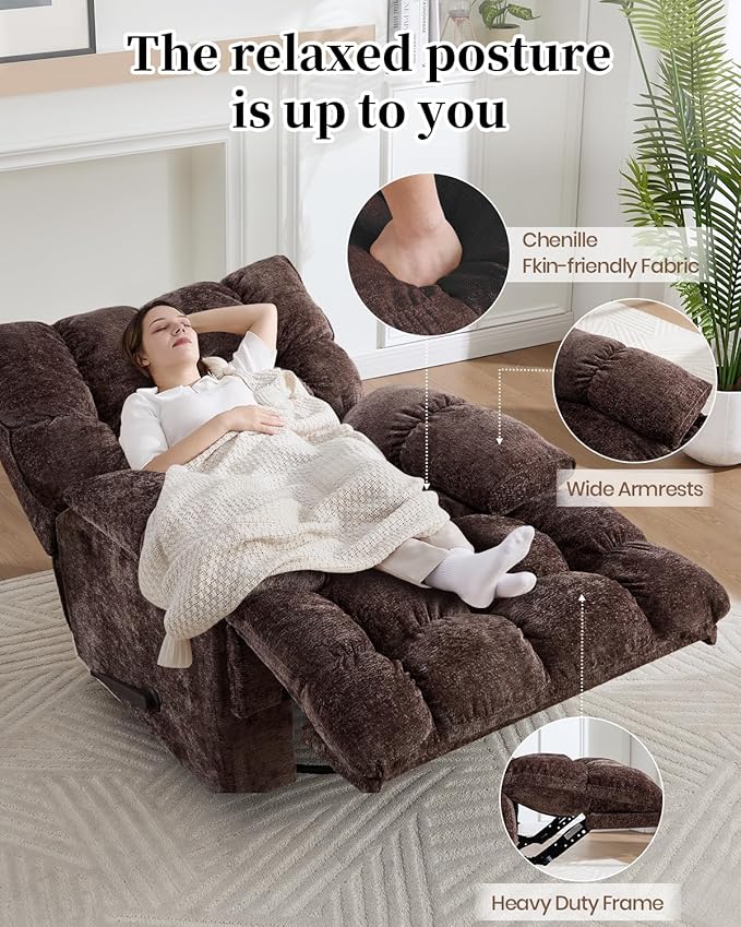 Oversized Recliner Chair Manual Swivel Rocker Recliner for Living Room Chenille Overstuffed Nursery Reclining Sofa Chair Rocking Recliners for Adults 400lbs (Manual, Brown)
