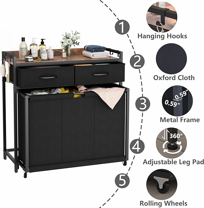 Laundry Hamper Laundry Basket with 3 Section Pull-Out Rolling Bags, Laundry Sorter for Organization and Storage with 2 Pull-Out Drawers for Laundry Room, Bathroom, Bedroom Use (Rustic Brown)