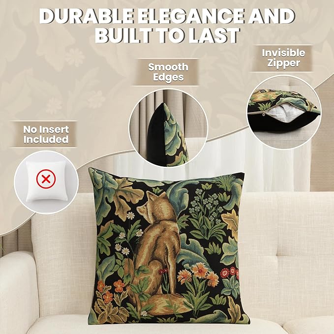 Charlotte Home Furnishings Throw Pillow Covers, Decorative Boho Pillow Covers for Couch, Living Room, Black Wolf Square Cushion Cases 18x18 in, European Cotton Jacquard Woven for Cozy Bedroom Decor