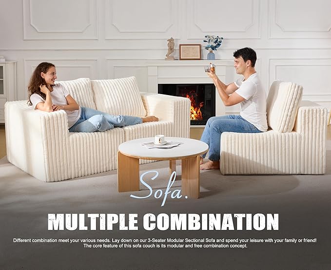 Modular Sectional Sofa 3-Seater Modular Couch with Deep Seat Memory Foam Cloud Chair with Pillows Oversized Sectional Sofa for Living Room Bedroom (Strip White, 3-Seater)