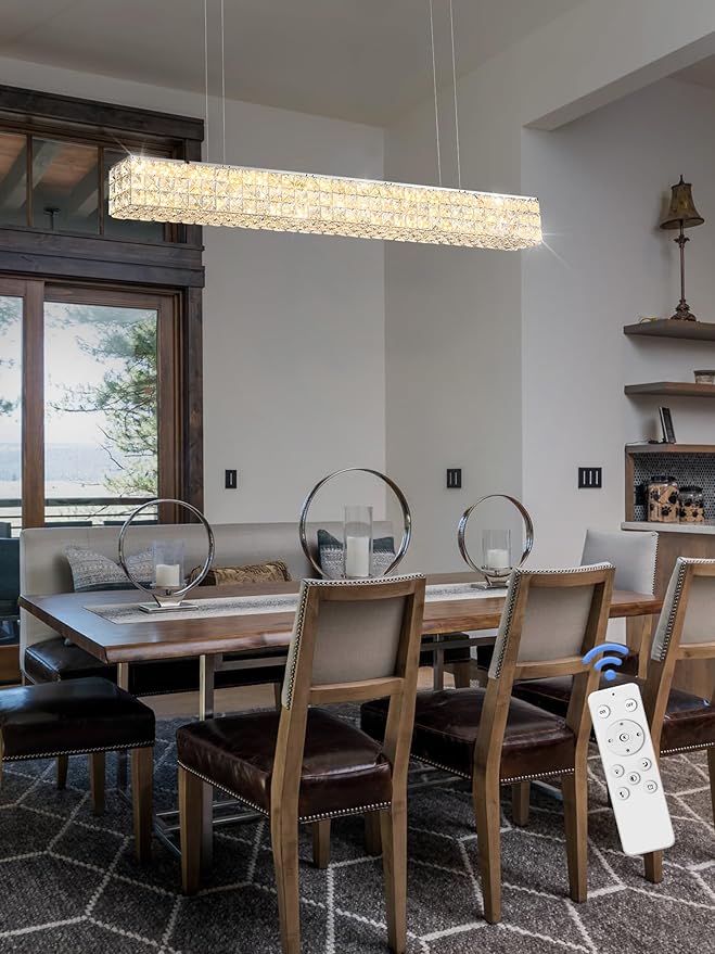 Modern Crystal Chandelier Silver Rectangular Crystal Chandelier Contemporary Linear Pendant Ceiling Light Fixture for Living Dining Room Kitchen Island (L 40")