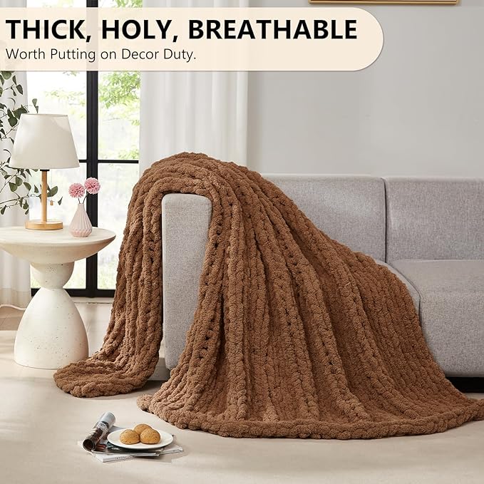 L'AGRATY Chunky Knit Blanket Throw: 72''x84'' Chenille Chunky Knitted Throw Blanket for Bed Couch - Handmade Thick Big Cable Knit Blanket - Large Chunky Crochet Rope Blanket for Home Decor(Brown)