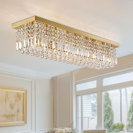 Rectangle Chandelier 8-Light Crystal Chandeliers, Modern Dining Room Light Fixture Luxury Gold Rectangular Flush Mount Chandelier Ceiling Light for Dining Room Living Room Kitchen Island Bar L40 Inch