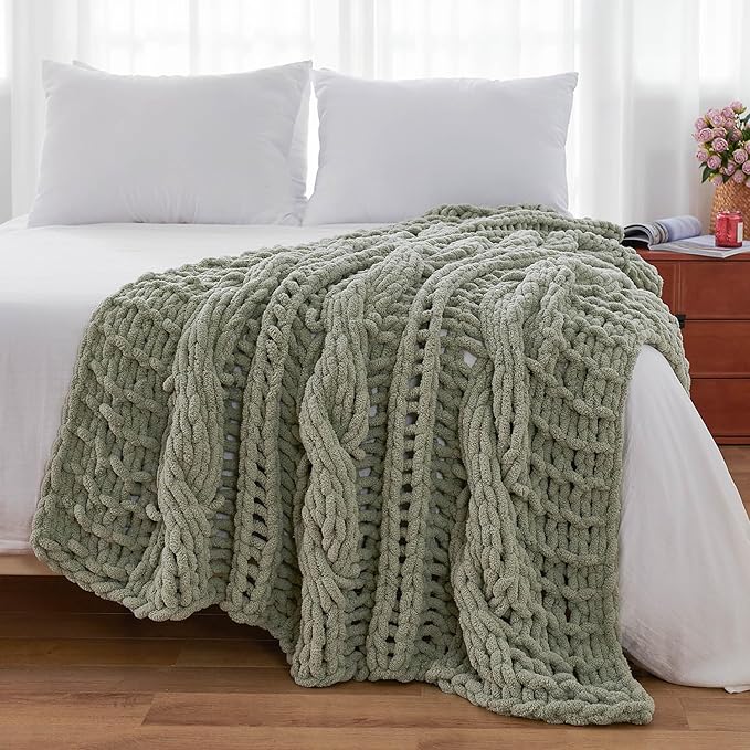 Esterra Chunky Knit Blanket Throw 50"x60", 100% Hand Knitted Chenille Throw Blanket, Cozy Soft Thick Cable Knit Throw Large Rope Knot Crochet Throw Blanket for Sofa Couch Bed, Sage Green
