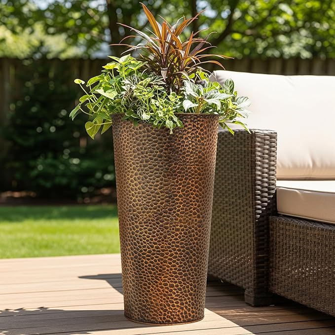 Worth Garden 2-Pack 28" H. Metal Planters with 2X Inside Pots - Hand-Hammered Texture Tall Narrow Cone Plant Pots - Large Handcrafted Bronze Flower Pot for Indoor Outdoor, Deck, Patio, Front Porch