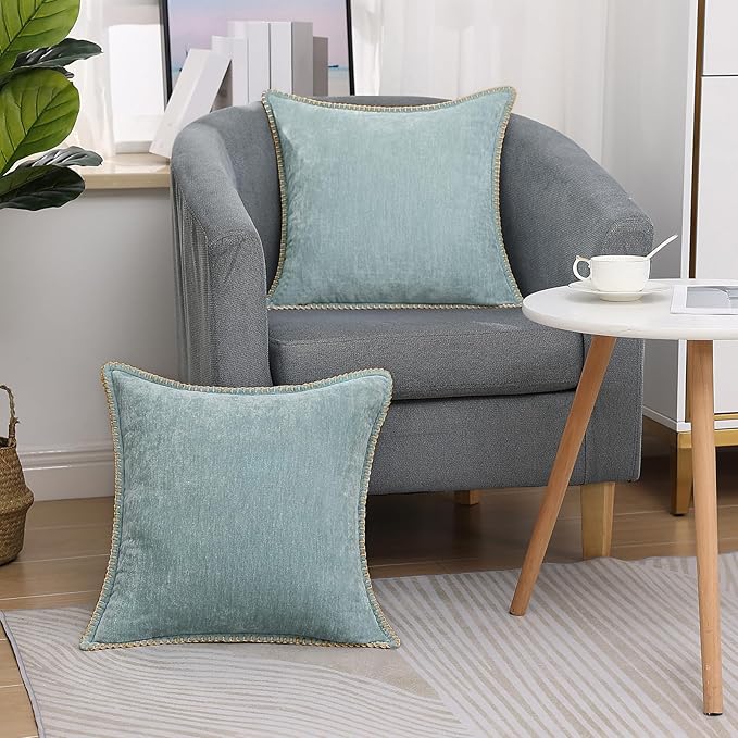 decorUhome Chenille Soft Throw Pillow Covers 24x24 Set of 2, Farmhouse Velvet Neutral Decorative Euro Pillow Covers with Stitched Edge for Couch Sofa Bed Home Decor, Aqua Haze
