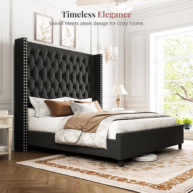 PaPaJet Queen Size Bed Frame with 61.4" Tall Headboard, Velvet Modern Upholstered Tufted Bed for Adults, Handmade Deep Button Tufting, Solid Wood Legs, No Box Spring Required, Black