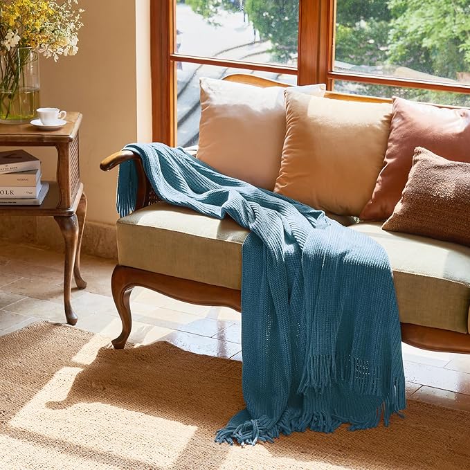 lifein Throw Blanket for Couch, Soft Boho Decor Bed Throw,Cozy Blue Chenille Knitted Small Farmhouse Lightweight Throw for Spring(Sky Blue,60 * 80")