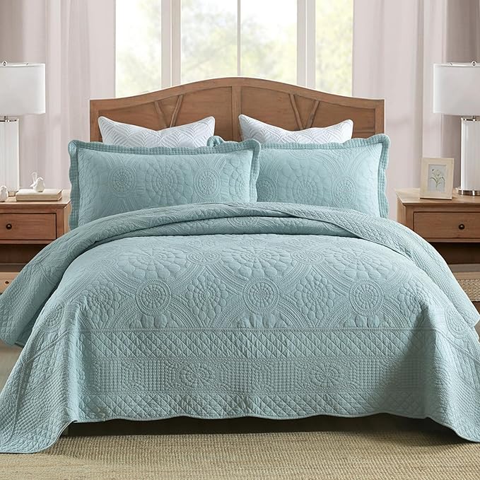 MarCielo 3-Piece 100% Cotton Oversized Bedspread Lightweight Quilt Coverlet Embroidery Farmhouse Bedding (Tf Aruba Blue, Oversized King (118"x106"))