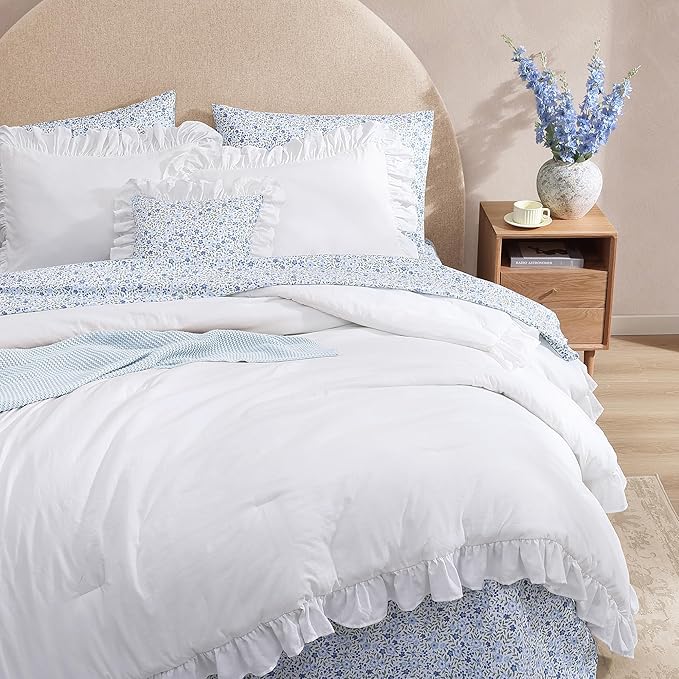 Queen Comforter Set - 7 Pieces Ruffle White Bedding Sets, Shabby Chic Farmhouse Bed in a Bag Queen with Ruffle Comforter, Floral Sheets, Pillowcases & Shams