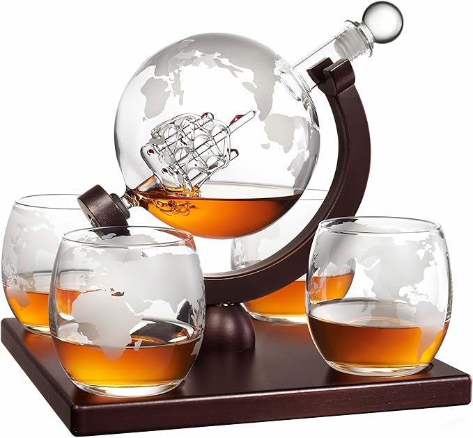 Whiskey Decanter Globe Set for Men with 4 Glasses, Bourbon, Rum, Scotch, Crystal Clear Decanter Sets - Whiskey Gifts for Men Dad Him (Globe Decanter)