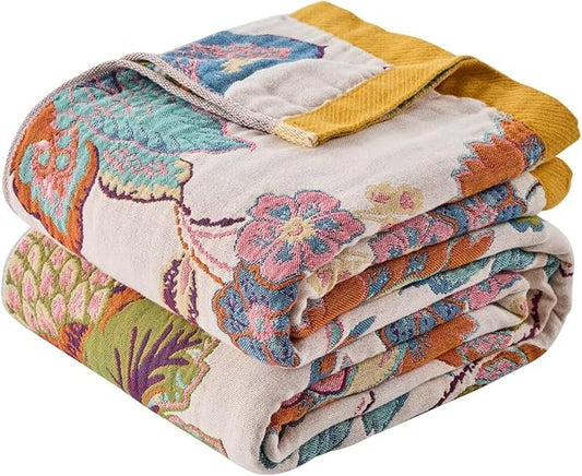 Summer Boho Throw Blanket for Bed, Multi Reversible Blanket Washable Breathable,Lightweight 4-Layer King Size Quilt for Bed,Floral Birds, 100% Cotton Muslin Large Travel Throw Blanket,90"x98"