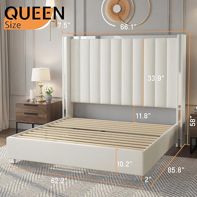 Jocisland Queen Size Bed Frame with 58" Tall Headboard, Platform Velvet Upholstered Bed with Channel Tufted Wingback Headboard and Plating Trim, No Box Spring Needed, White Cream