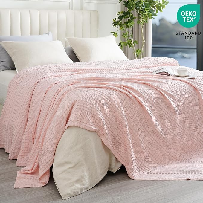 PHF Cooling Waffle Blanket King Size, Lightweight 60% Rayon Derived from Bamboo & 40% Cotton Breathable Blanket for Hot Sleepers, Soft and Luxury for Bed Couch and Sofa, 104"x90", Pink