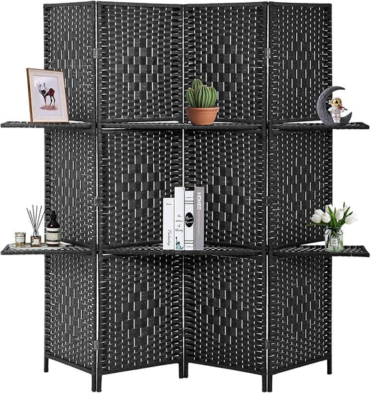 PayLessHere Room Divider Room Screen Divider Wooden Screen Folding Portable Partition Screen Wood with Removable Storage Shelves (Black, 4 Panel)