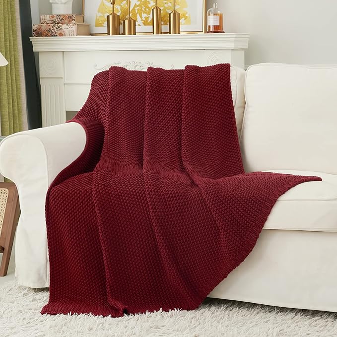 Longhui bedding Chunky Cable Knit Throw Blanket Lightweight Burgundy 100% Organic Cotton Blanket for Sofa Couch Bed Baby Nursery, Rustic Shabby Chic Modern Farmhouse, 51” x 63” Give Laundering Bag